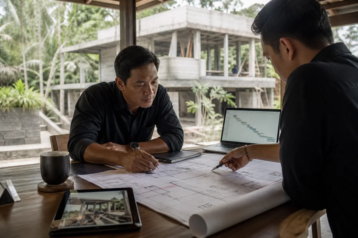 Koordinasi gambar kerja dan jadwal proyek di lokasi konstruksi Bali