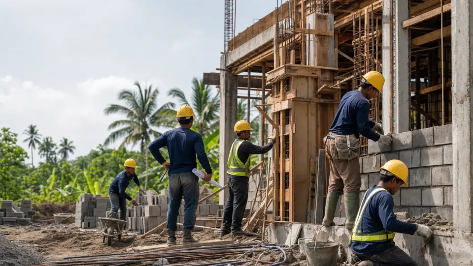 Tukang bangunan mengerjakan pekerjaan sipil dan arsitektur.