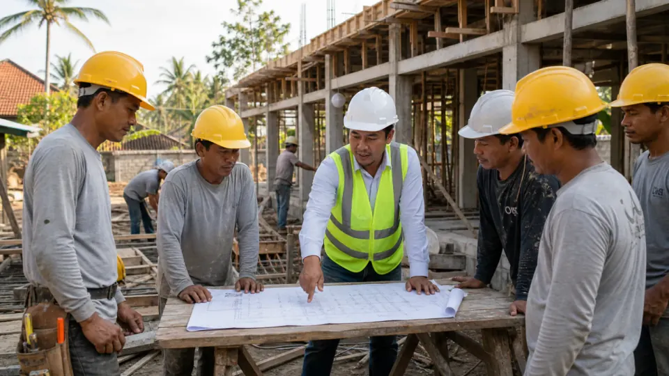 Mandor mengoordinasikan pekerjaan dan tenaga di lokasi proyek.