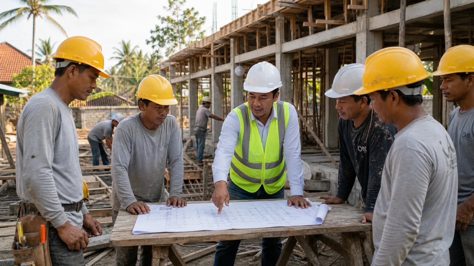 Mandor mengoordinasikan pekerjaan dan tenaga di lokasi proyek.