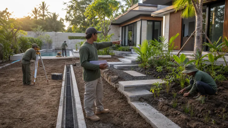 Pelaksanaan landscape, drainase, dan area luar properti.