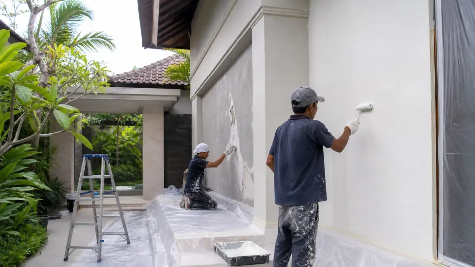 Tukang melakukan persiapan dan pengecatan permukaan bangunan.