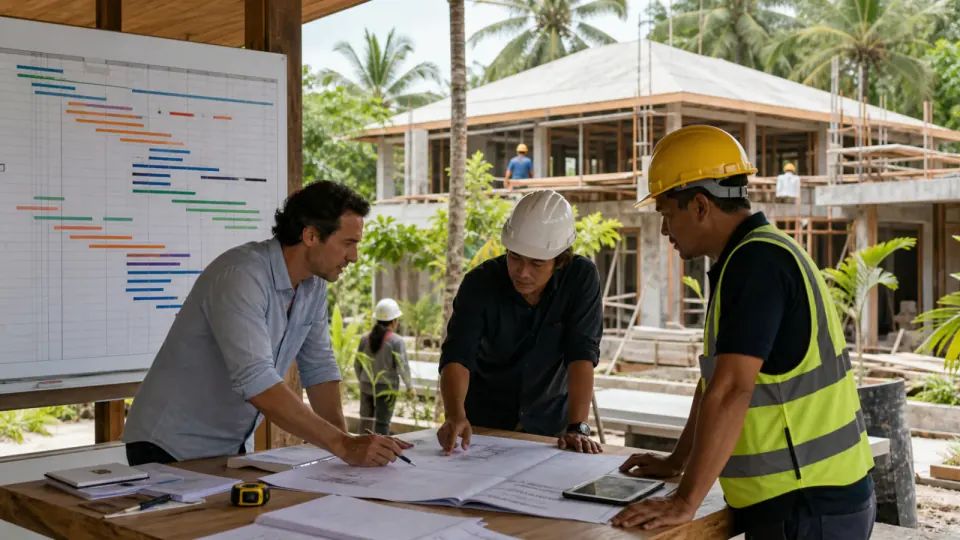 Koordinasi proyek konstruksi dengan gambar dan catatan progres.