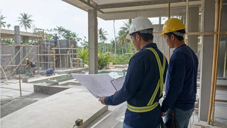 Pengawas memeriksa pelaksanaan pekerjaan konstruksi di lapangan.