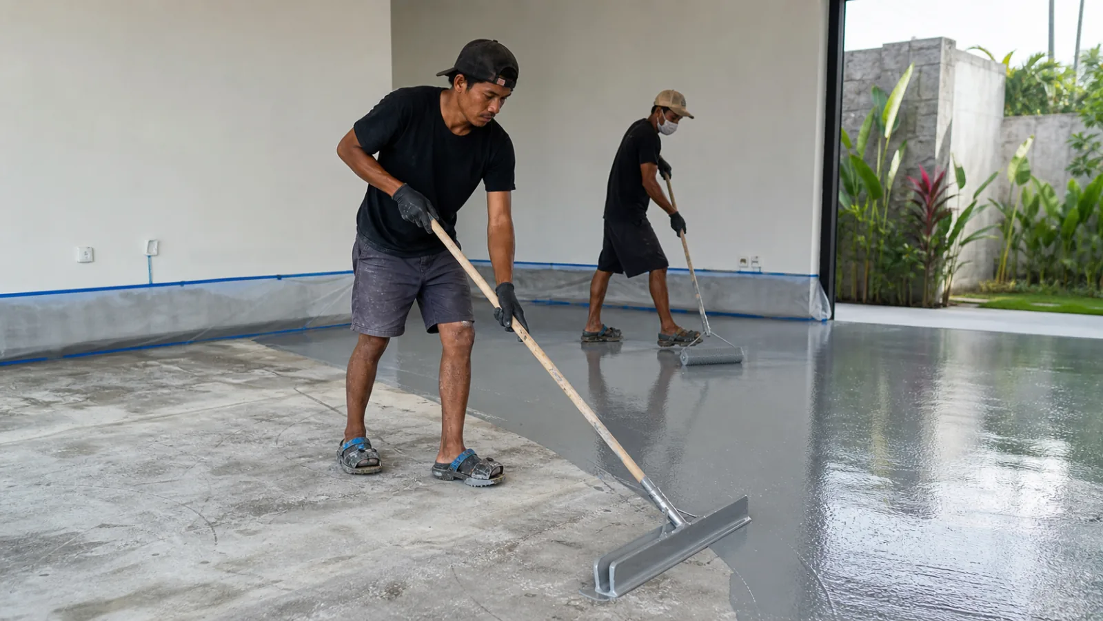 Spesialis mengaplikasikan sistem epoxy pada lantai yang telah disiapkan.