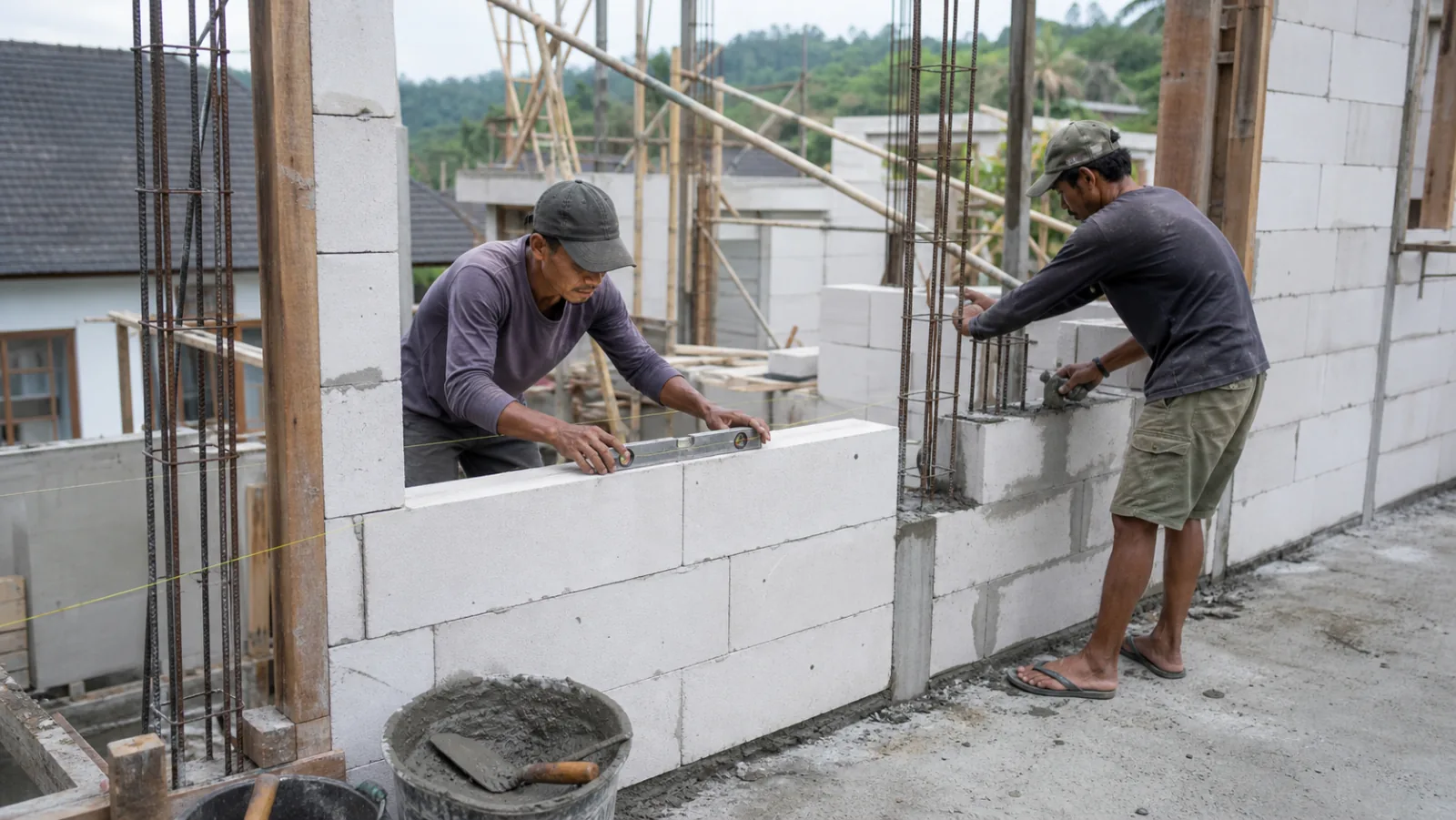 Tukang pasangan memeriksa garis dan level dinding bata ringan.