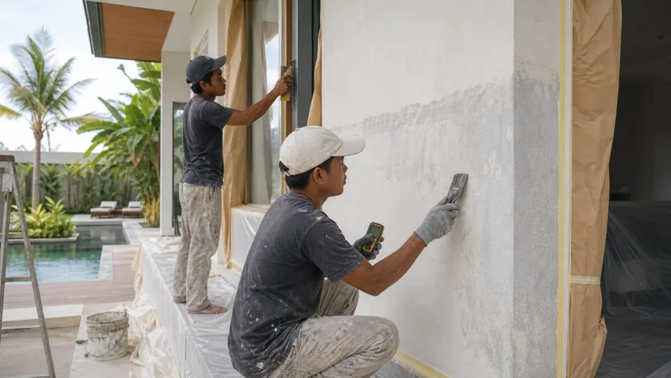 Spesialis tukang cat memeriksa kelembapan dan menyiapkan permukaan dinding villa.